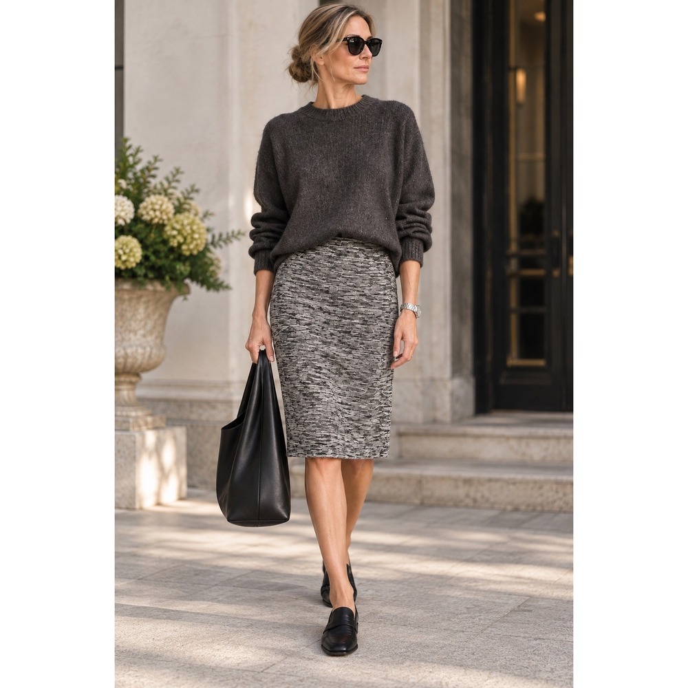 Vintage Doncaster Womens Gray Silk Blend Textured Tweed Pencil Skirt Size 6